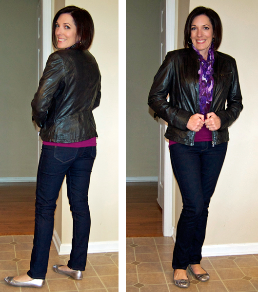 black leather jacket with skinny jeans and purple scarf