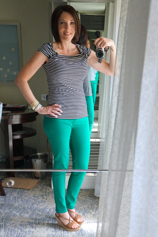 Black Striped Top with Emerald Green Skinny Jeans