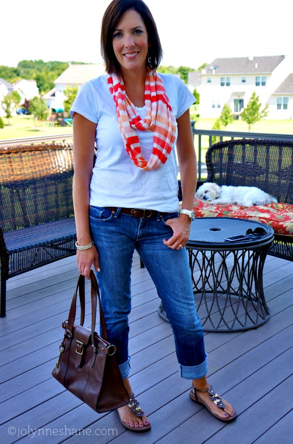cuffed jeans with sandals and summer scarf