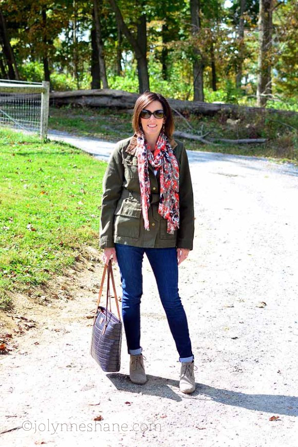 Green Utility Jacket and Toms Desert Booties with Coral Multi Scarf