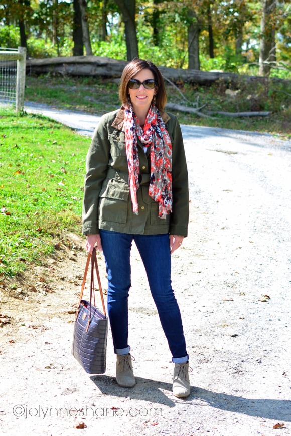 military jacket with coral scarf