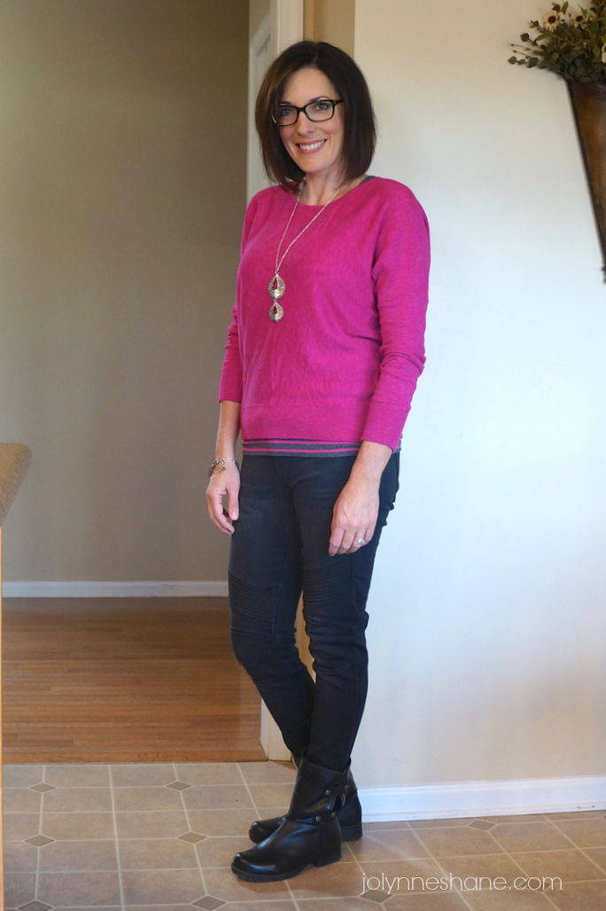 pink sweater moto jeans