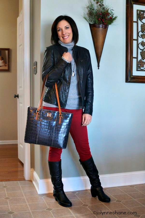black leather red jeans