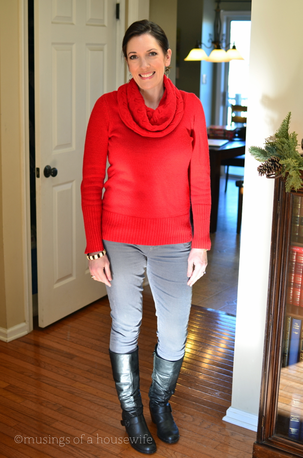 red-sweater-gray-cords