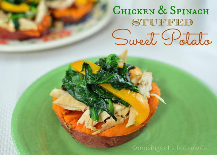 These paleo-friendly chicken and spinach stuffed sweet potatoes are my favorite guiltless meal. Easy to prepare and even the kids gobble it up! 