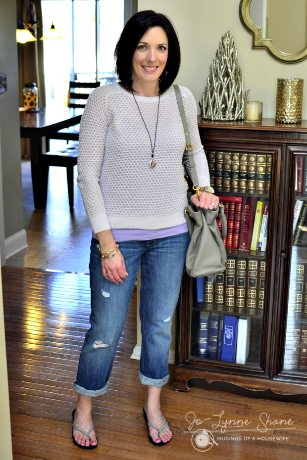gray/lilac honeycomb sweater with boyfriend jeans