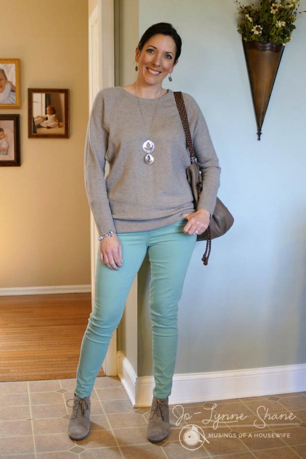 oatmeal sweater with mint jeans