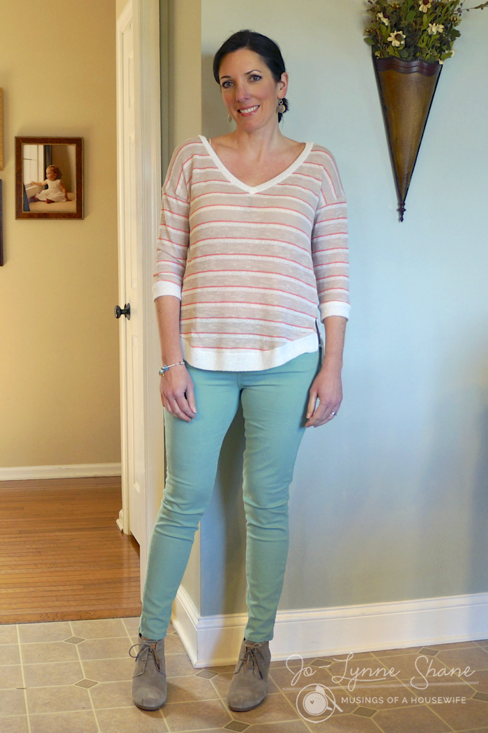 stripe sweater and mint jeans