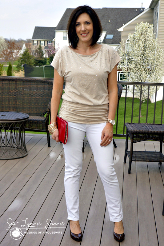 Sand Embellished Top with White Jeans and Leopard Pumps