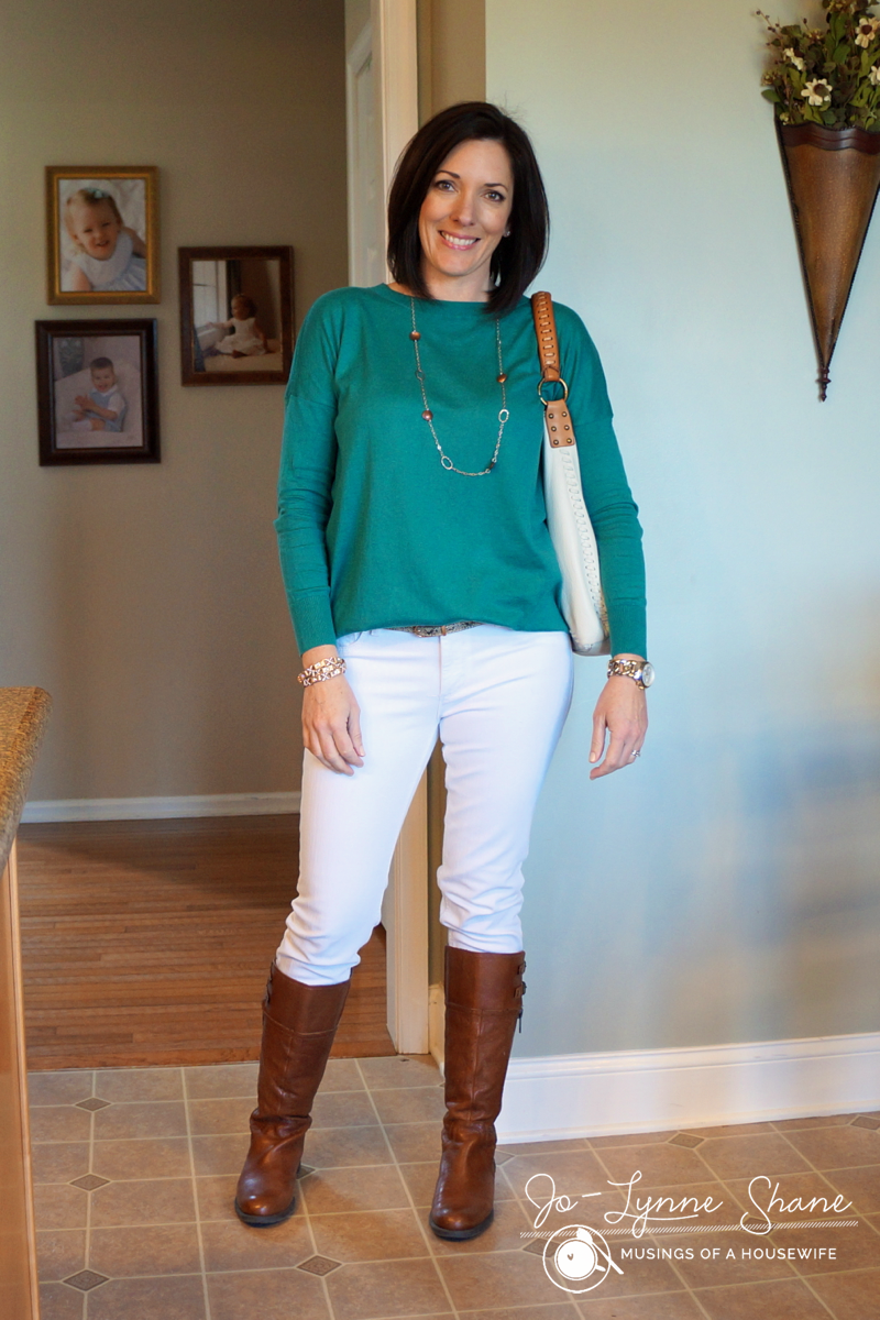 Teal Sweater with White Jeans and Cognac Boots