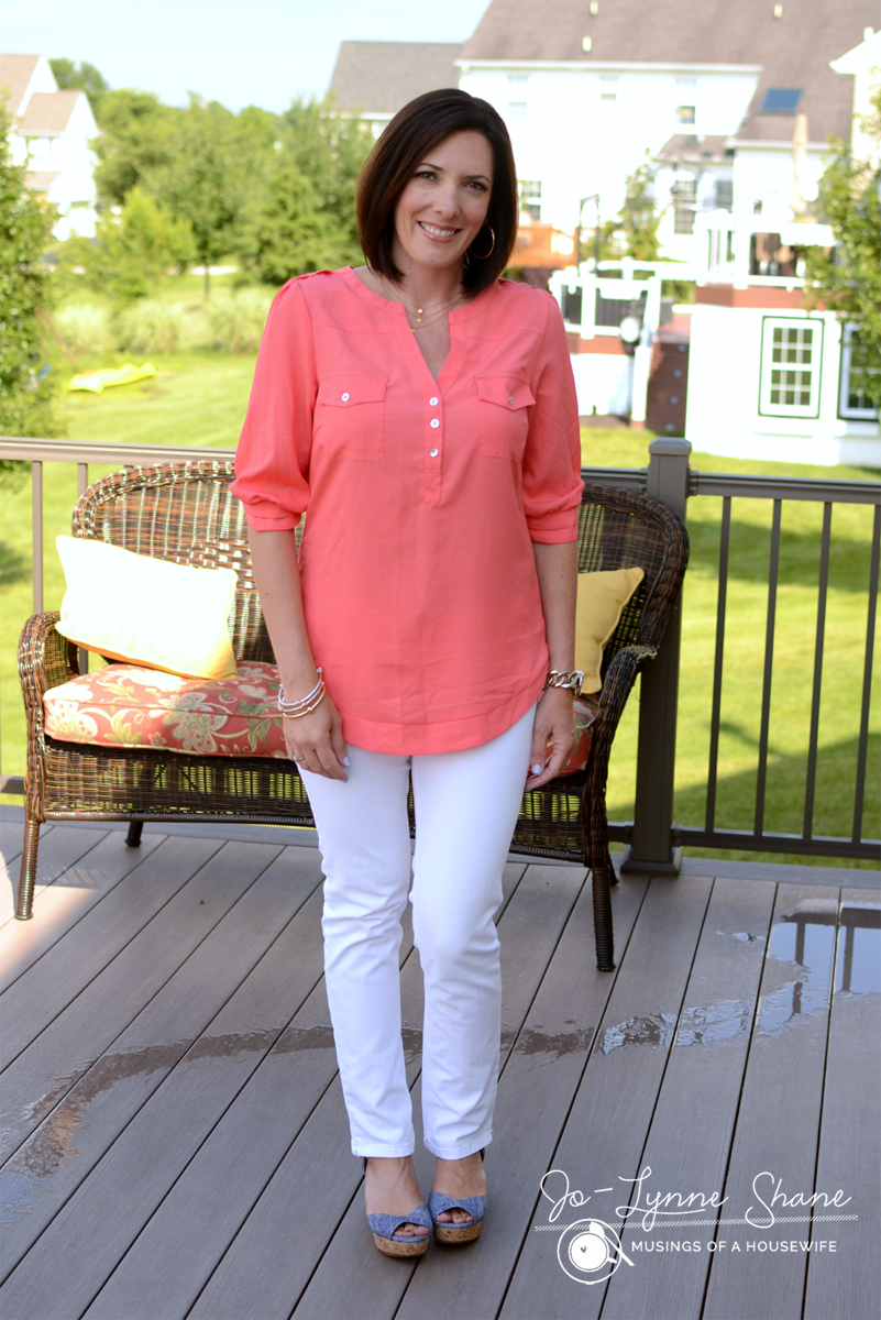 coral-blouse-with-white-jeans-and-chambray-wedge-sandals