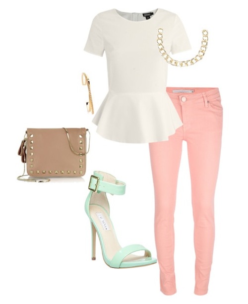 pink jeans with mint and tan