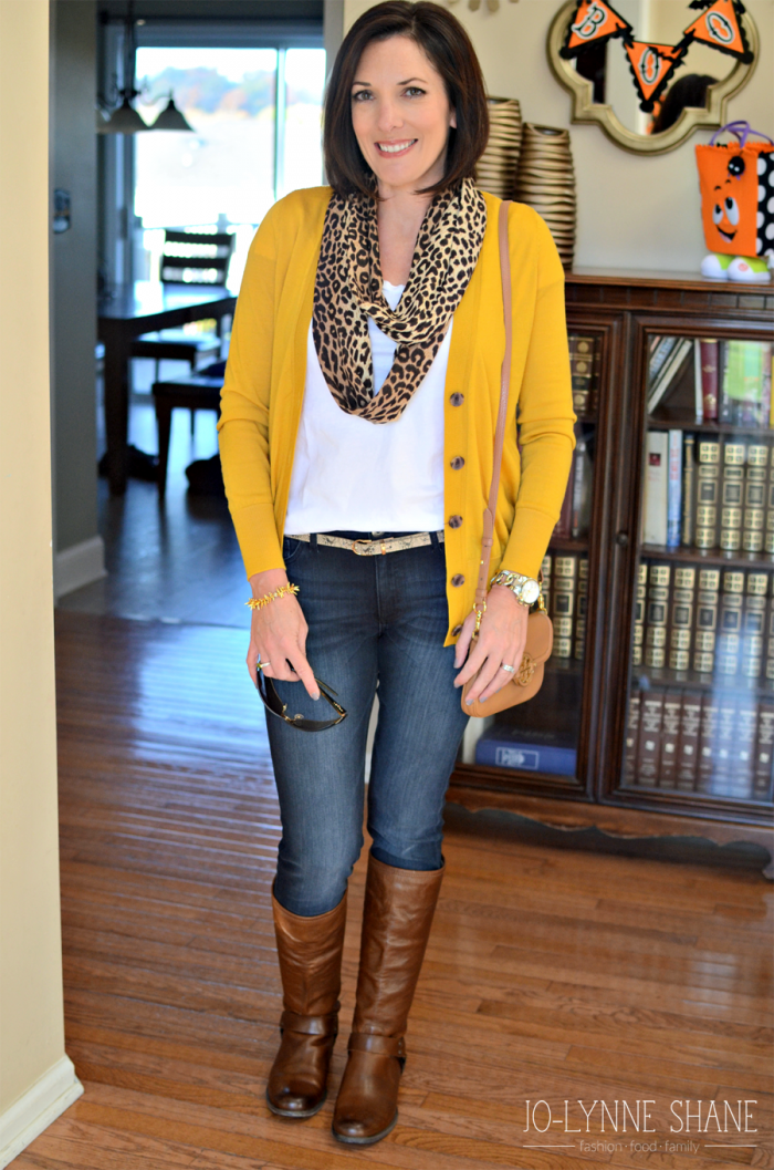 Fall Fashion | Mustard Cardigan with Skinny Jeans and Frye Boots