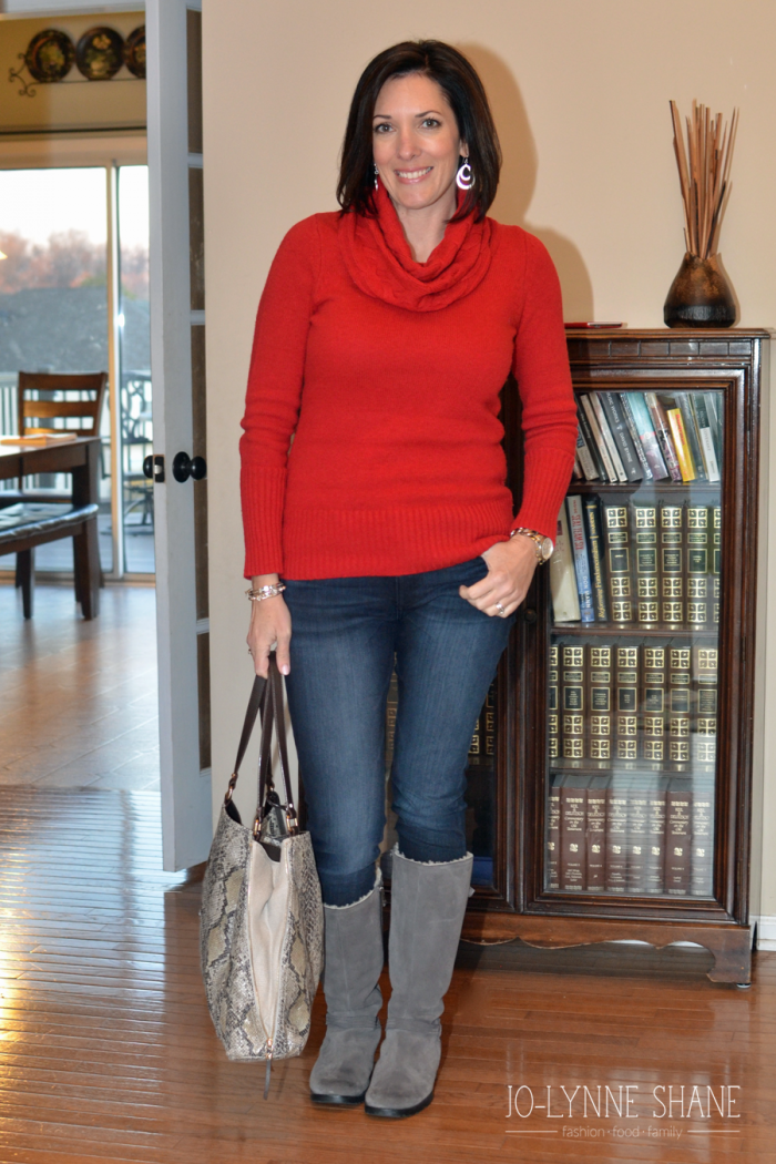 Casual Winter Outfit: Red Sweater with Skinny Jeans and UGGs