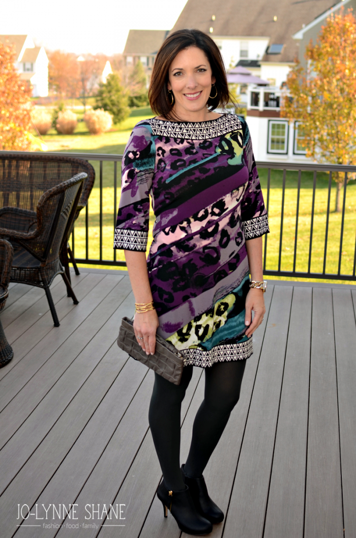 Date Night Outfit: Bold Patterned Dress with Tights and Booties