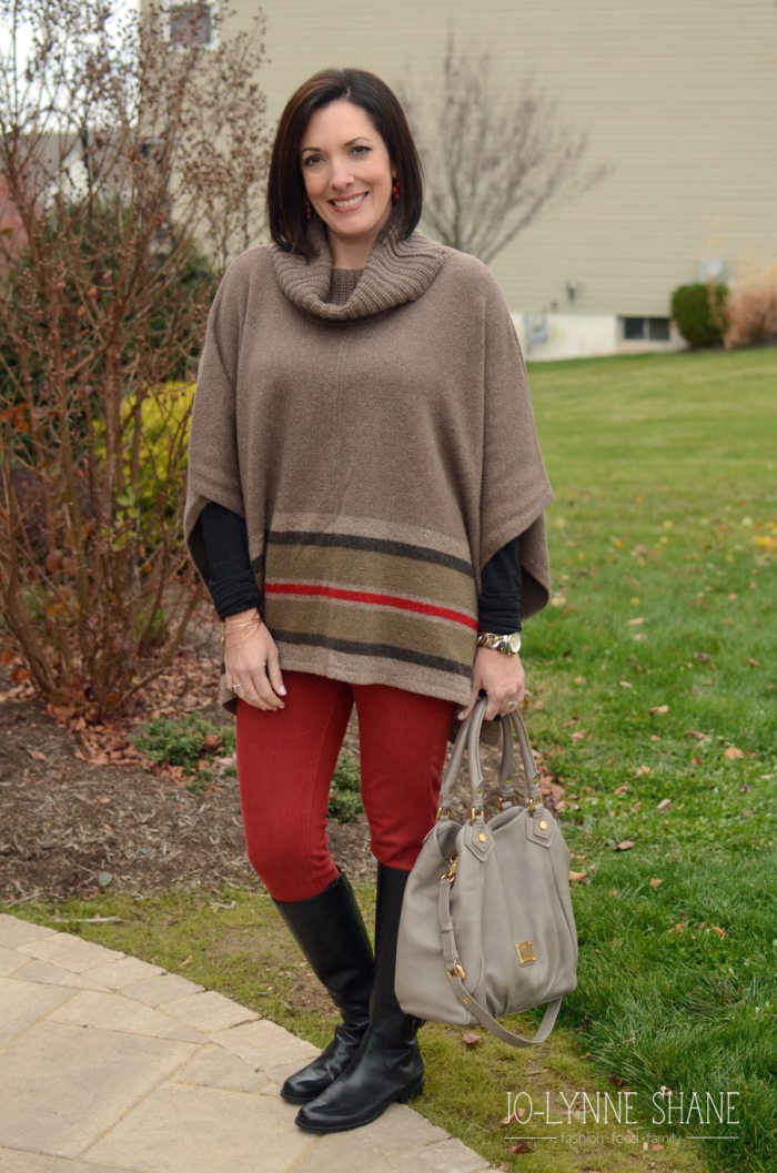 Striped Tunic Cape with Red Jeans and riding boots