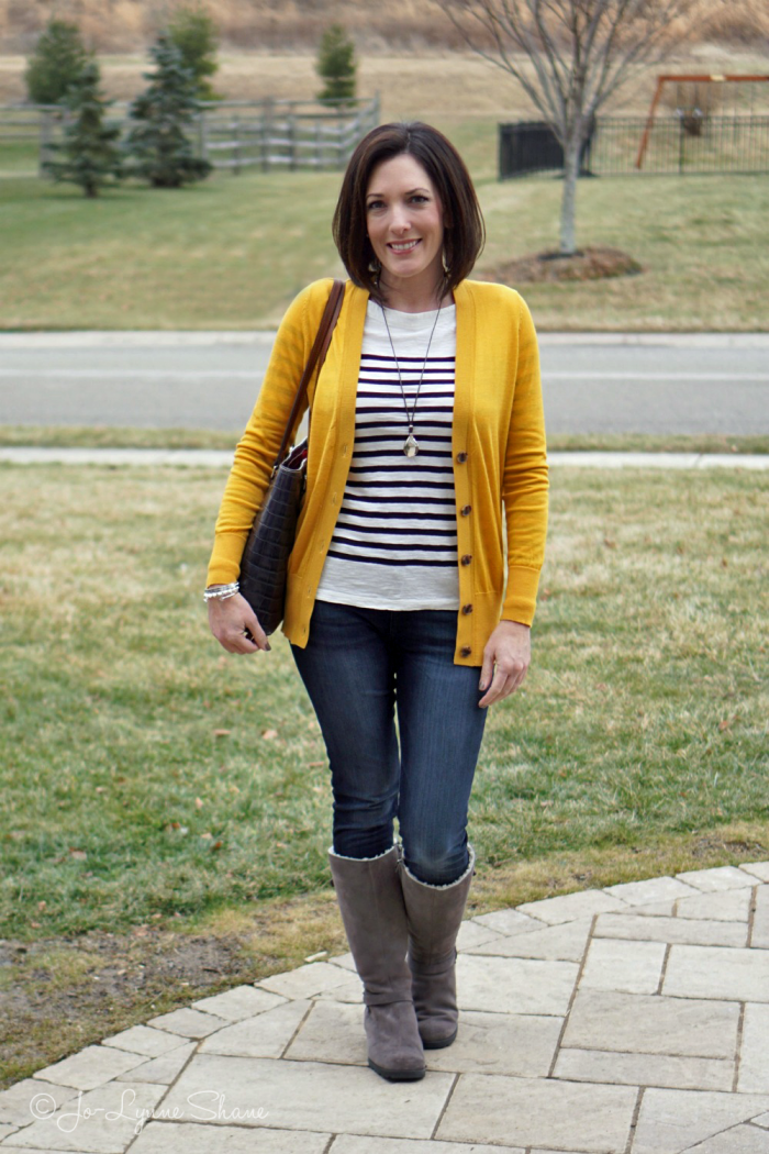 Fashion Over 40: gold cardigan over black-and-white striped tee
