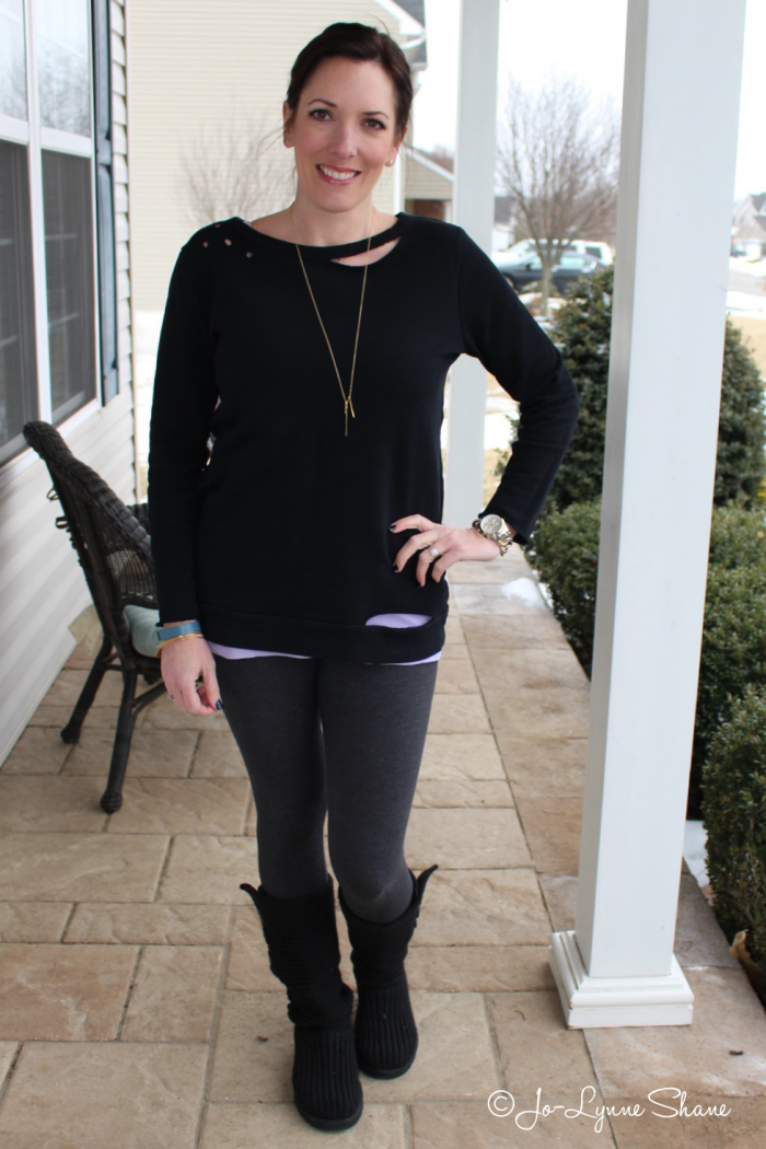 Fashion Over 40: leggings with a destructed tunic and UGGs