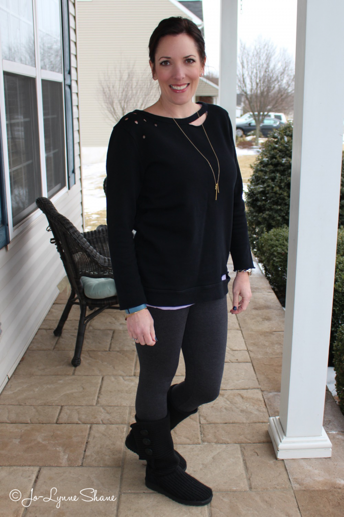 Fashion Over 40: leggings with a destructed tunic and UGGs