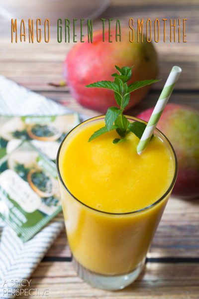 10 Healthy Breakfast Smoothie Recipes featuring this Mango Green Tea Smoothie via A Spicy Perspective