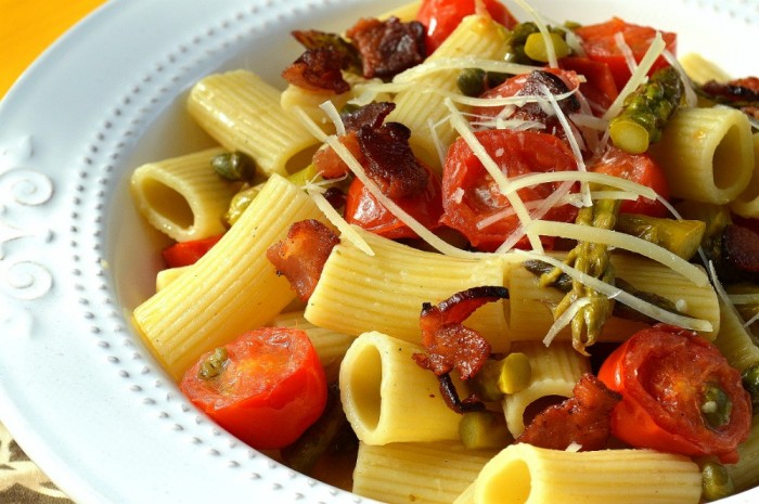 This 15-minute pasta meal is perfect for springtime because it uses fresh asparagus and grape tomatoes. And of course, bacon makes everything better.