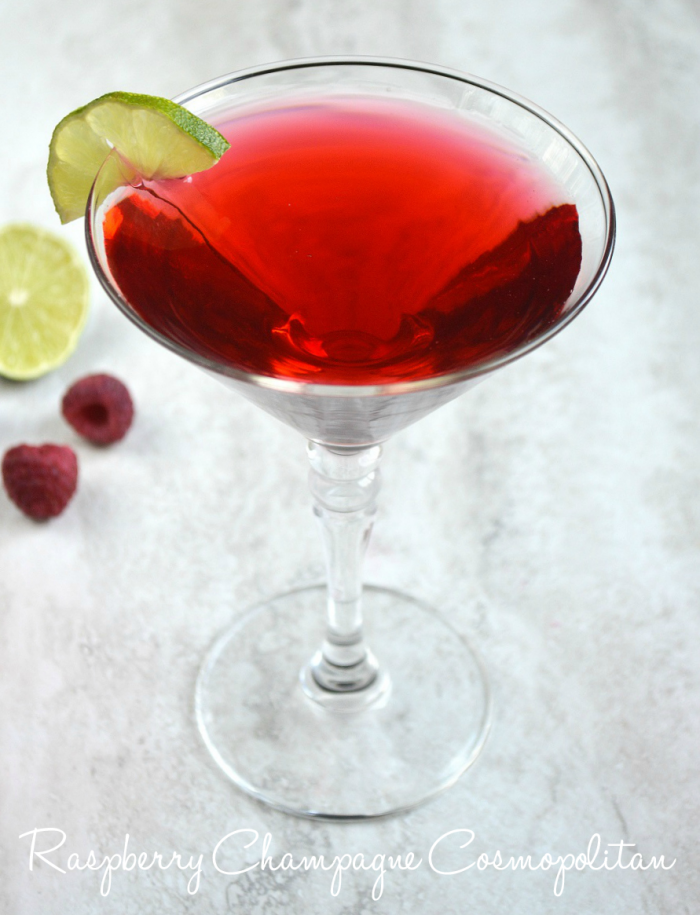 Raspberry Champagne Cosmopolitan | Take this traditional cocktail up a notch with fresh homemade raspberry juice and ice cold champagne. Perfect for Mother's Day or other summer entertaining.