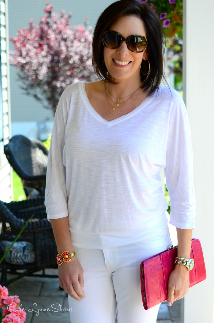 Spring Outfit Ideas for Women Over 40: White On White with a pop of color