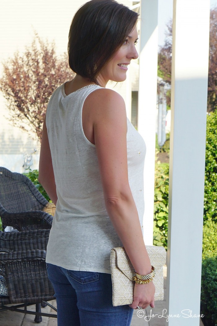 Summer GNO Outfit: Embellished Tank + Blue Jeans with Oversized Metallic Straw Clutch