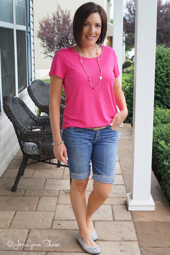 Fashion Over 40: pink tee with cuffed denim Bermuda shorts