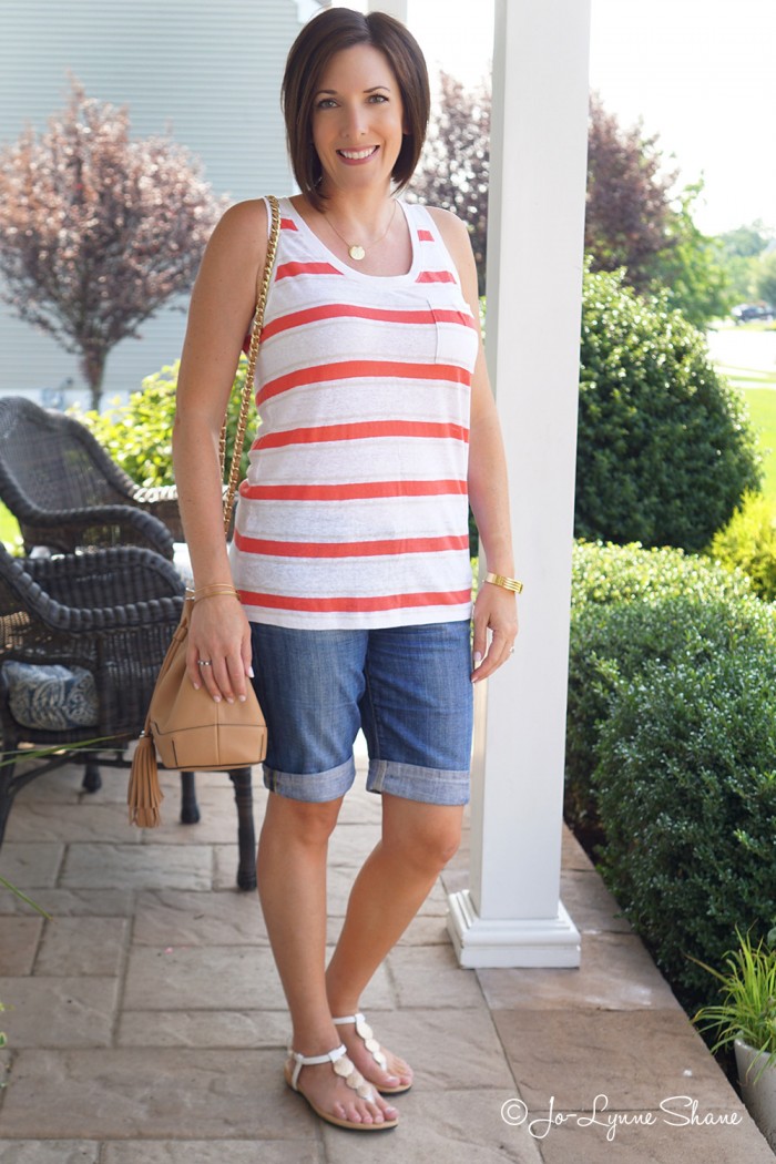Casual Summer Outfit: Coral Striped Tank + Denim Bermuda Shorts