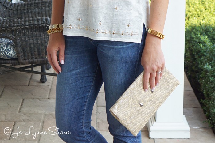 Summer GNO Outfit: Embellished Tank + Blue Jeans with Oversized Metallic Straw Clutch