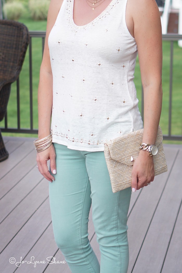 Fashion Over 40 Summer Date Night: Embellished Tank with Mint Skinnies