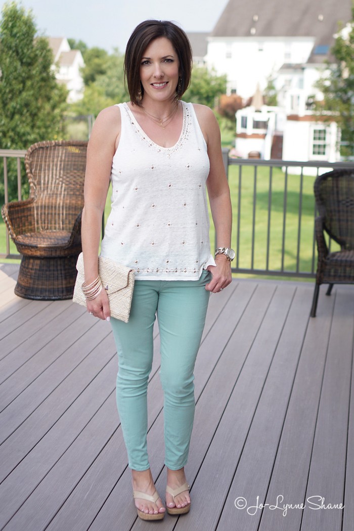 Fashion Over 40 Summer Date Night: Embellished Tank with Mint Skinnies