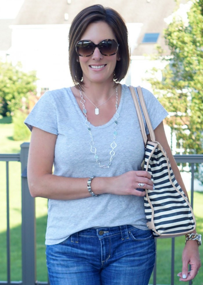 Casual Mom Style: Gray Tee with Jean Shorts & Striped Tote