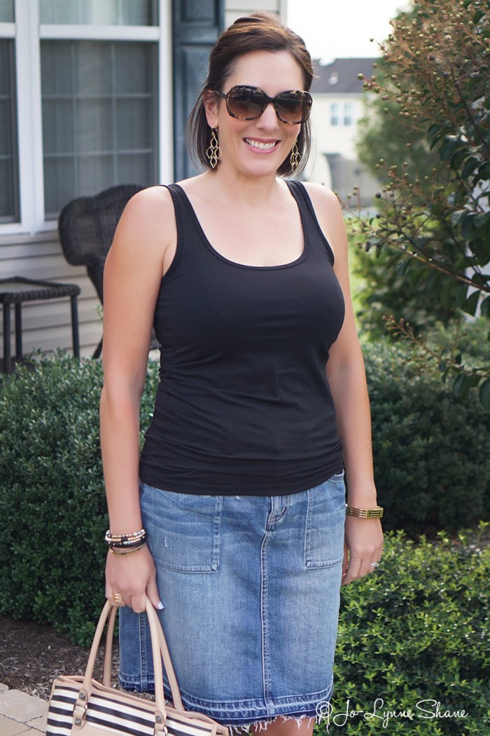 Fashion Over 40: Casual Summer Style with a jean skirt and black tank