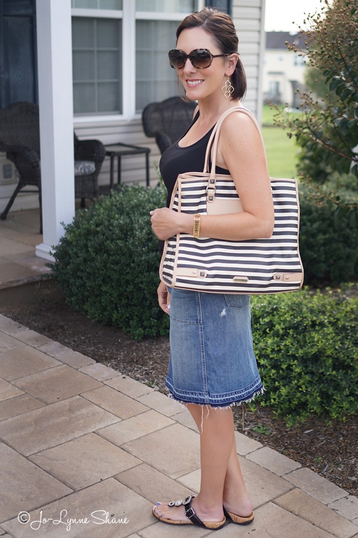 Fashion Over 40: Casual Summer Style with a jean skirt and black tank