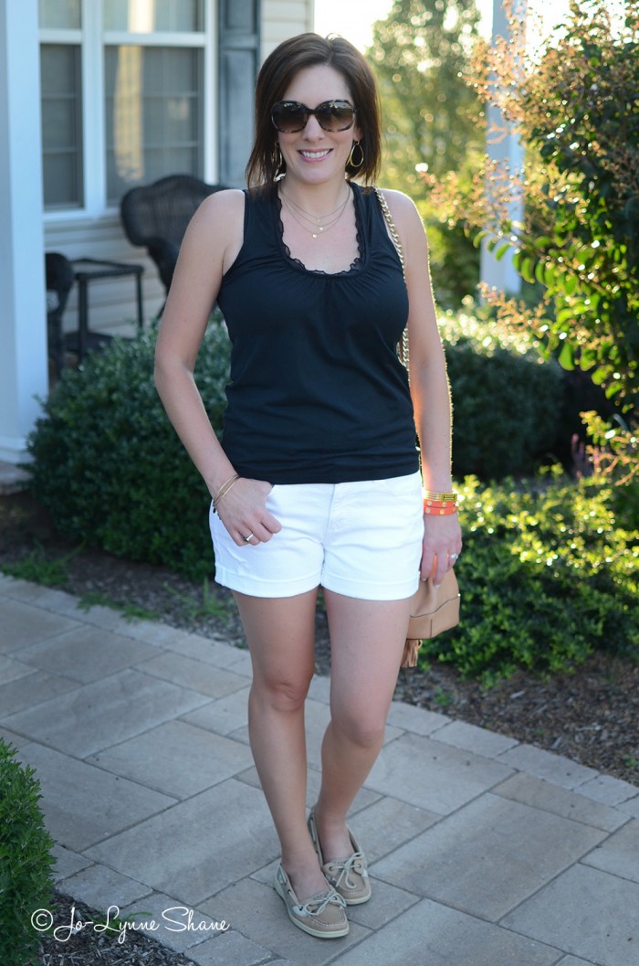 Casual Summer Outfit: Black Top with White Jean Shorts & Boat Shoes