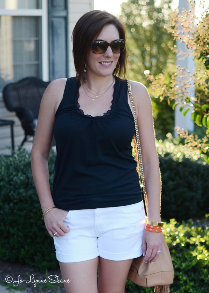 Casual Summer Outfit: Black Top with White Jean Shorts