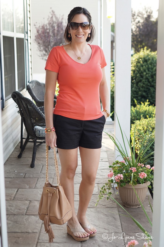 Fashion Over 40: Summer Outfit Ideas | Coral Tee + Black Shorts + Neutral Wedge Sandals