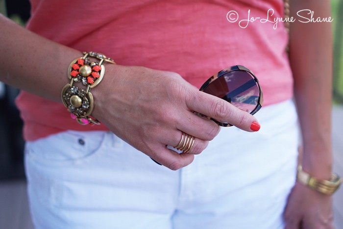Fashion Over 40: Casual Summer Style with a coral top and white shorts
