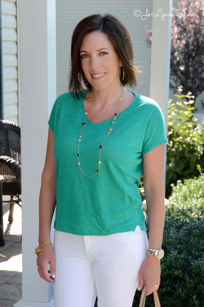 Summer Fashion for Women Over 40: Green Slouchy Top with White Jeans and Leopard Wedge Sandals