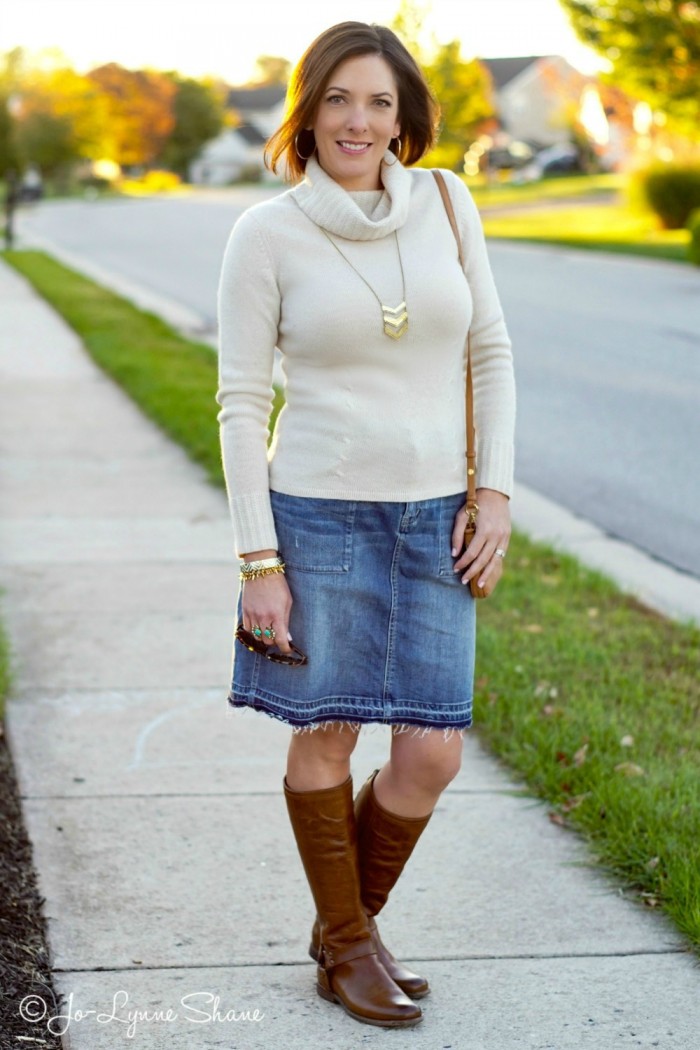 Fall Outfit Inspiration: Denim Skirt + Riding Boots | Fashion for Women Over 40 | Everyday Fashion