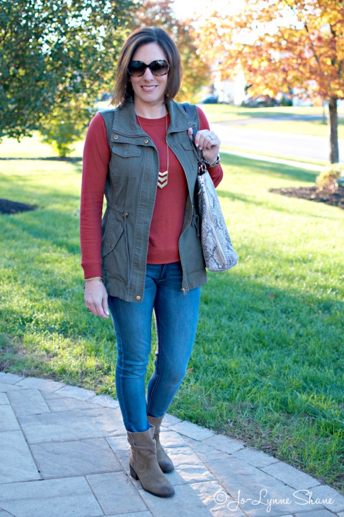 Everyday Fashion | Fashion Over 40 | Daily Mom Style | Utility Vest + Red Sweatshirt Tee with Jeans and Ankle Boots