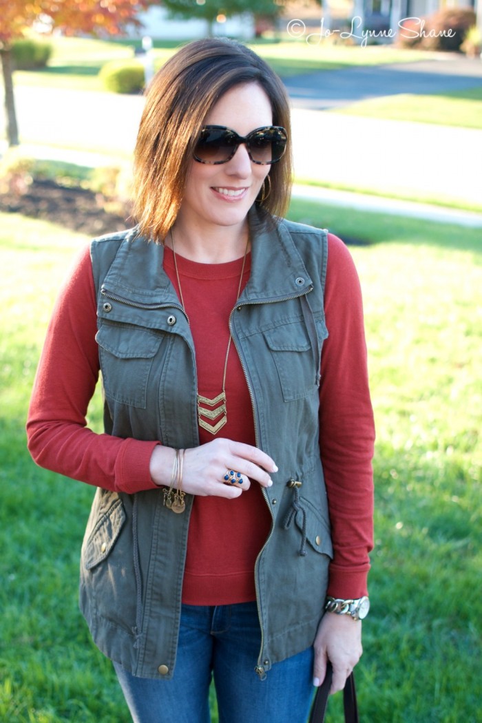 Everyday Fashion | Fashion Over 40 | Daily Mom Style | Utility Vest + Red Sweatshirt Tee with Jeans and Ankle Boots