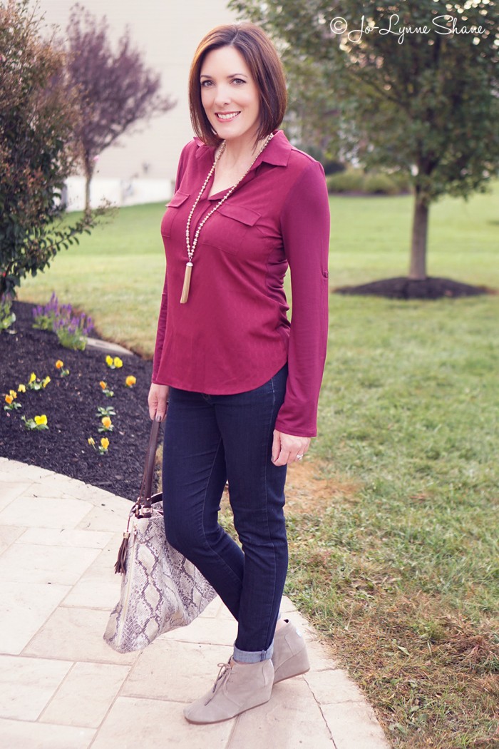 Fall Outfit Ideas for Women Over 40: Mixed Media Top + Skinny Jeans + Ankle Boots