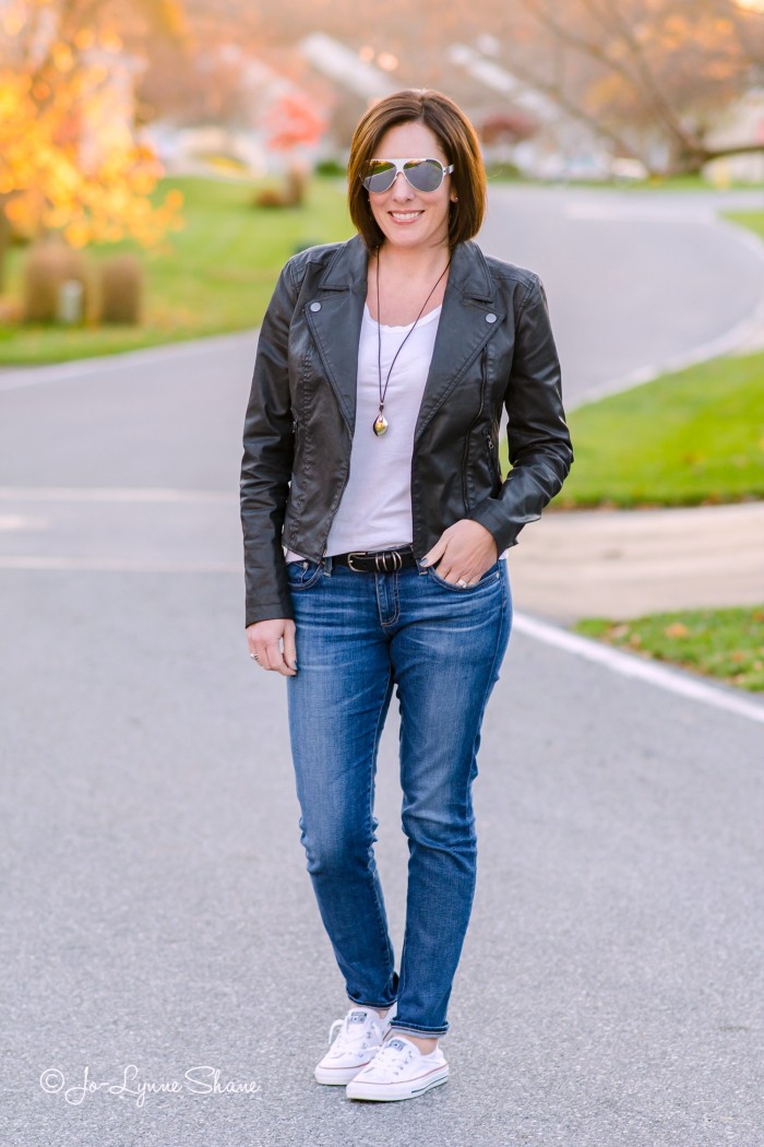 Casual Fall Outfit with Converse, Moto Jacket, AG Jeans, AG The Stilt, White Tee, Weekend Wear
