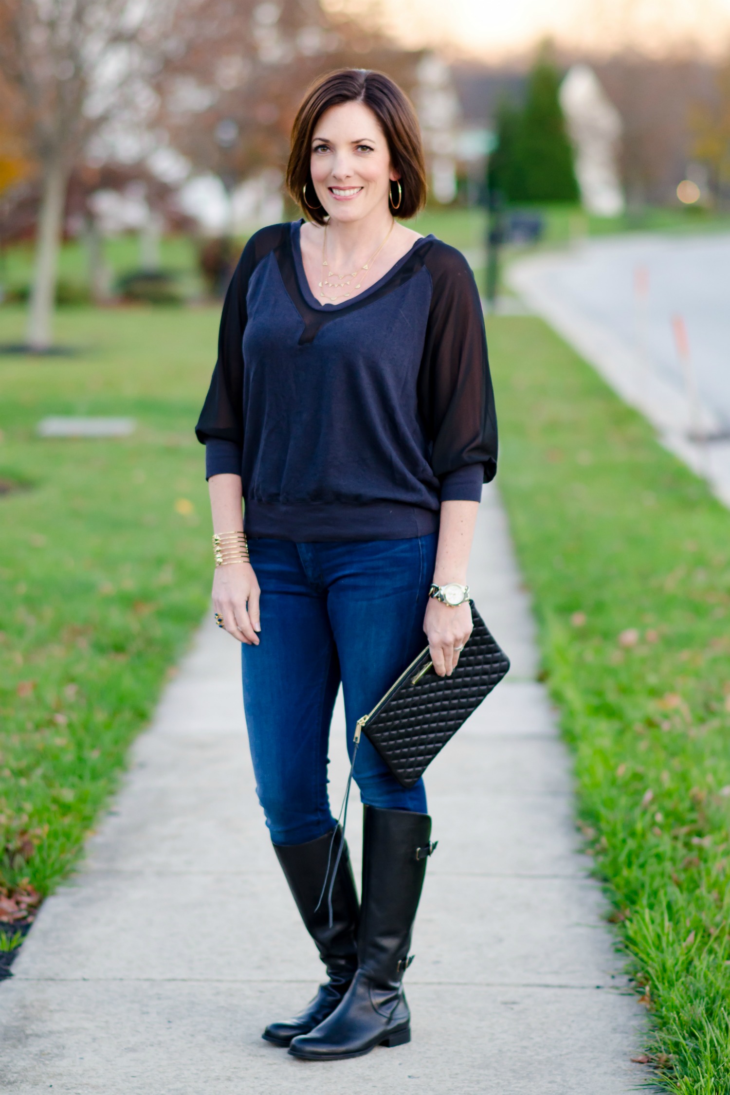 What I Wore: Date Night Outfit featuring black leather jacket, mixed media top from LeTote, skinny jeans, and riding boots