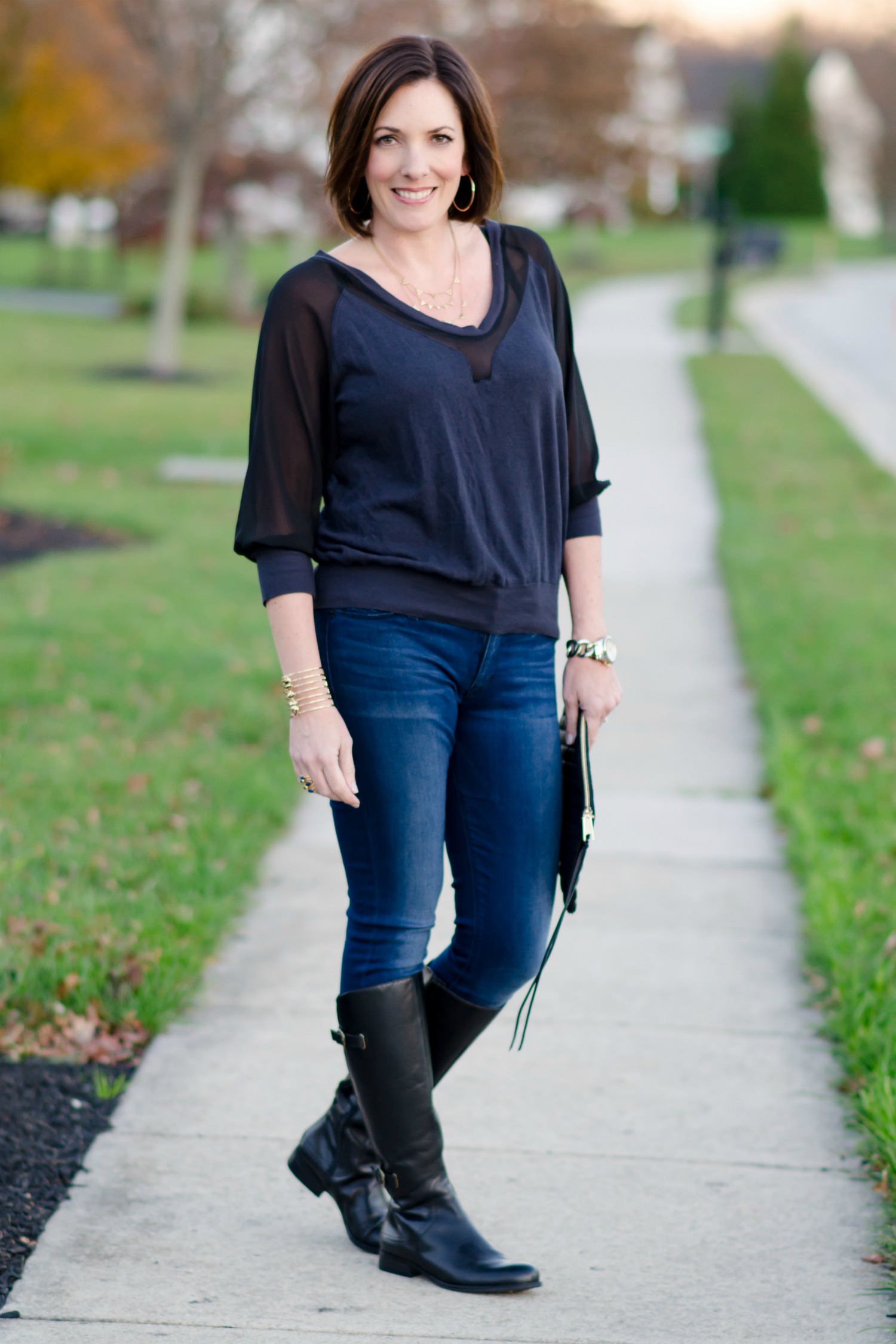 What I Wore: Date Night Outfit featuring black leather jacket, mixed media top from LeTote, skinny jeans, and riding boots