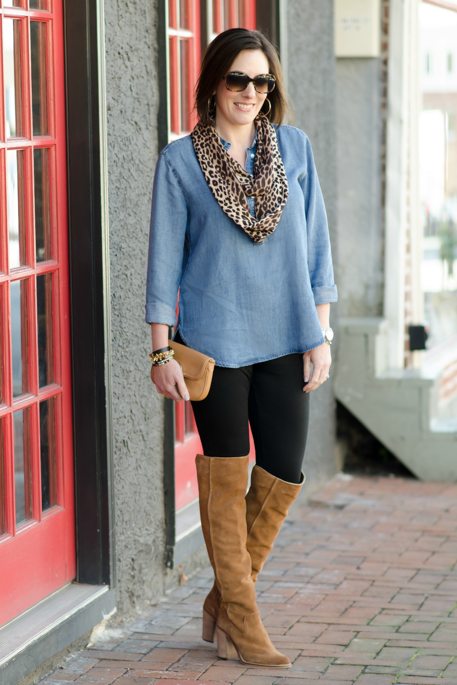 Thanksgiving Outfit Idea: Chambray Shirt and Leopard Scarf with Leggings and brown Over the Knee Boots