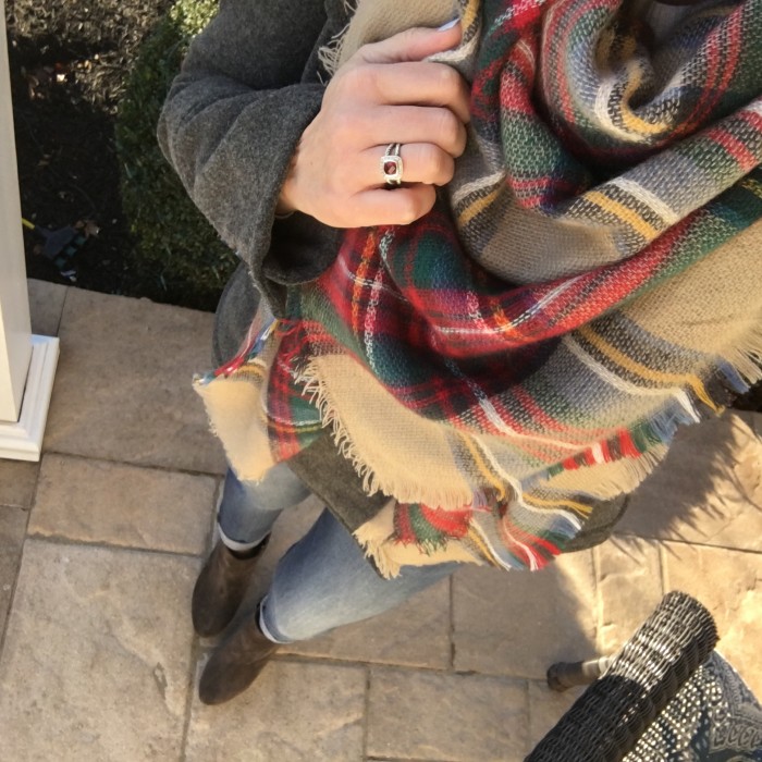 Winter Outfit Selfie: Blanket Scarf, Peacoat, Skinny Jeans, and Ankle Boots